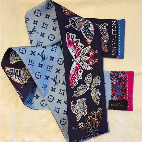 Louis Vuitton Bandeau Blue and Hot Pink Scarf Butterfly and Mono - Picture 8 of 9